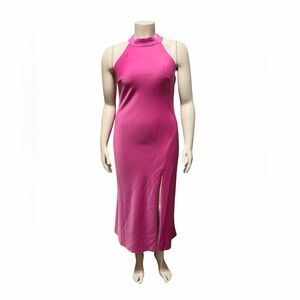 Vince Camuto Sz 10 Hot Pink Satin Halter Midi Dress Open Back Side Sleeveless